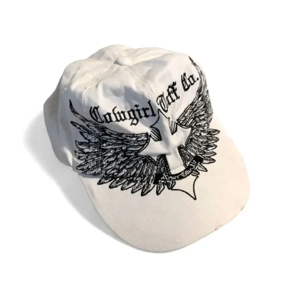 Cowgirl Tuff Y2K McBling Grunge White Embroidered Cross Wing Cap